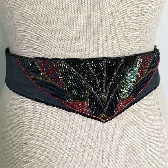 Vintage Accessories - Vintage Black Beaded Belt with Tie Back